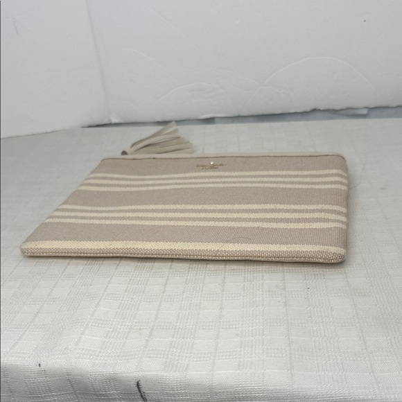 NEW Kate Spade Gia Larchmont Avenue Fabric Stripe Pouch Clutch Beige - Picture 5 of 11